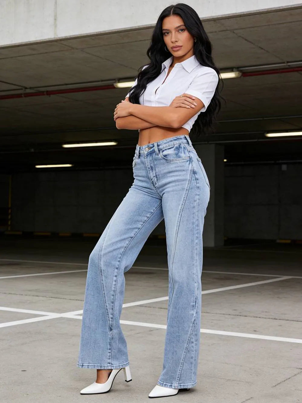 Light Blue Woman' Straight-leg Pants Casual Denim Pants Retro Spice Girls Trousers High Waist Spring Autumn Solid Color Jeans