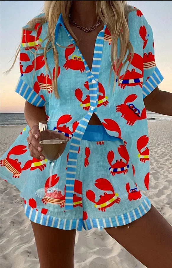 Fashion Lapel Short-sleeved Single-breasted Shirt Top + Shorts 2-piece Set Women Elegant Summer Print Loose Casual Suit Female