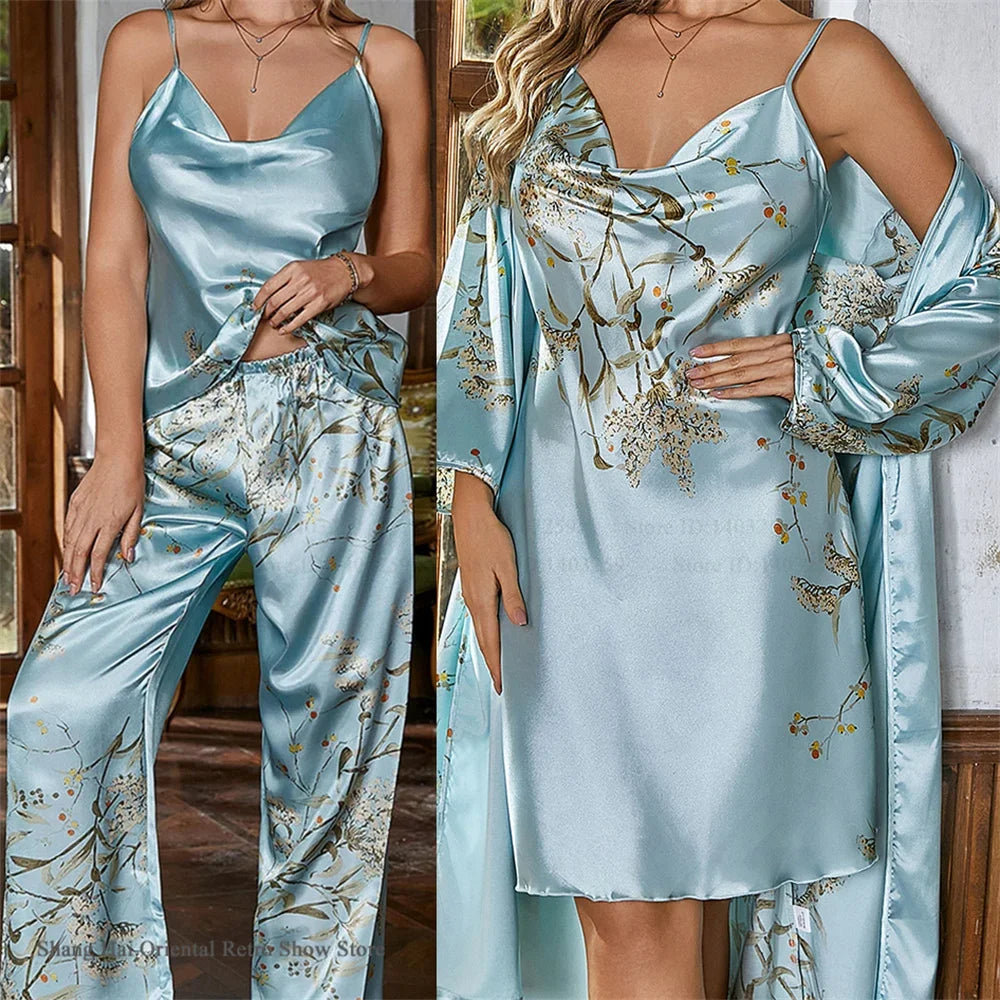 Ice Silk Female 4PCS Robe Pajamas Set Sleepwear Print Cherry Bathrobe Nightgown Trouser Pijamas Suit Loose Homewear Loungewear