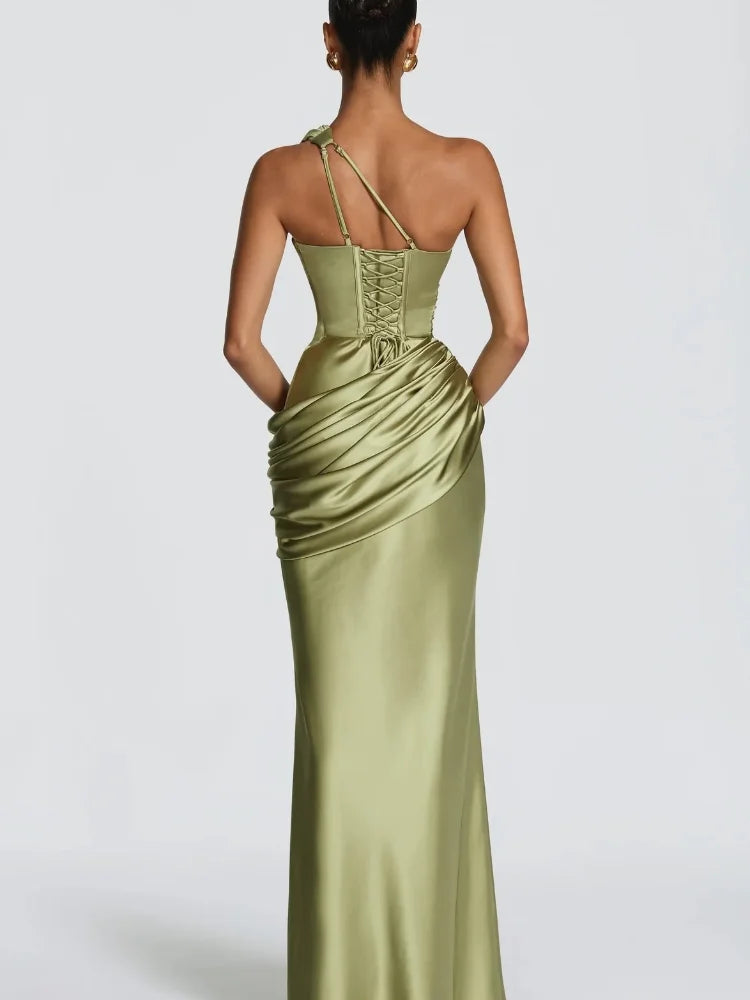 Women Satin One Shoulder Cutout Maxi Dress Elegant Green Ruched Mermaid Slim Fit Flowy Vestido 2026 Lady Summer Evening Dresses