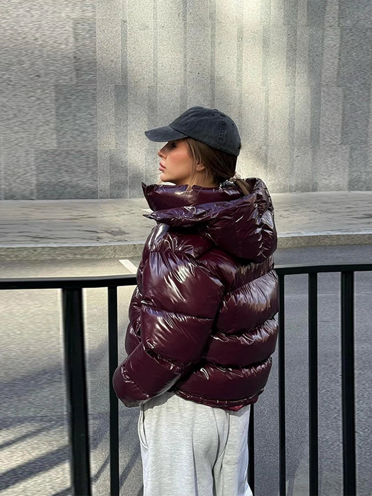 Chic Glossy Zipper Hooded Coat Women's Warm Elastic Waist Pleated Cropped Puffer Jacket 2026 Winter New Lady High Street Outwear