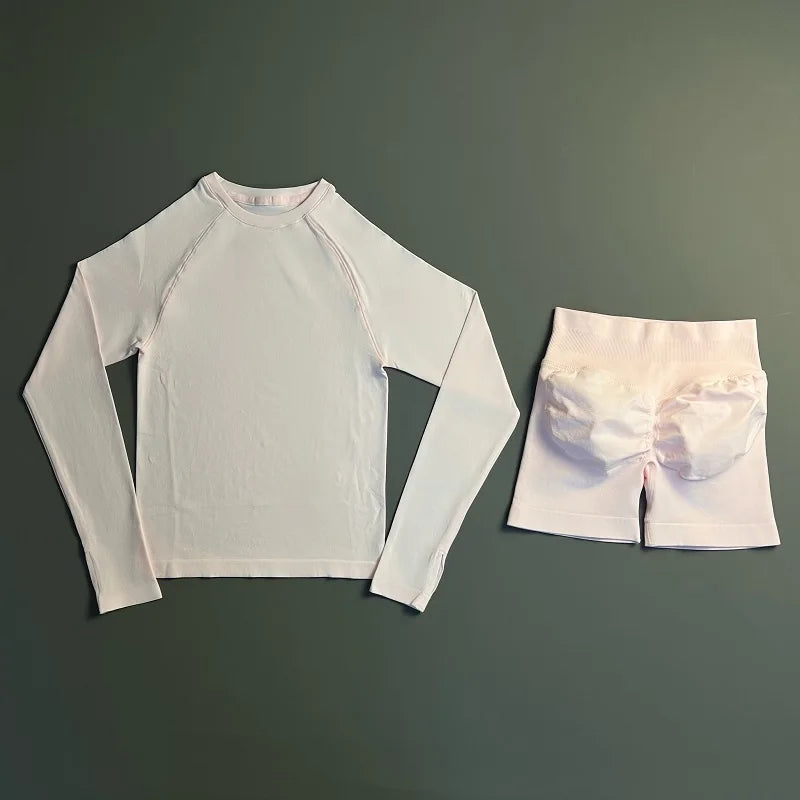 2 Piece Fitness Outfit Women Raglan Long Sleeve Crew Neck Top Hip Shaping Scrunch Shorts Stretch Soft Dance Gym Workout Set
