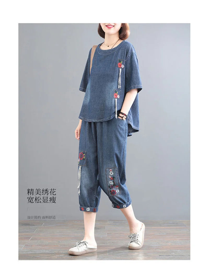 Women Denim Set Female Jeans Two Piece Set 2025 New Spring Summer Thin Korean Loose Cowboy Pants 2 Piece Set Large Size 2PCS