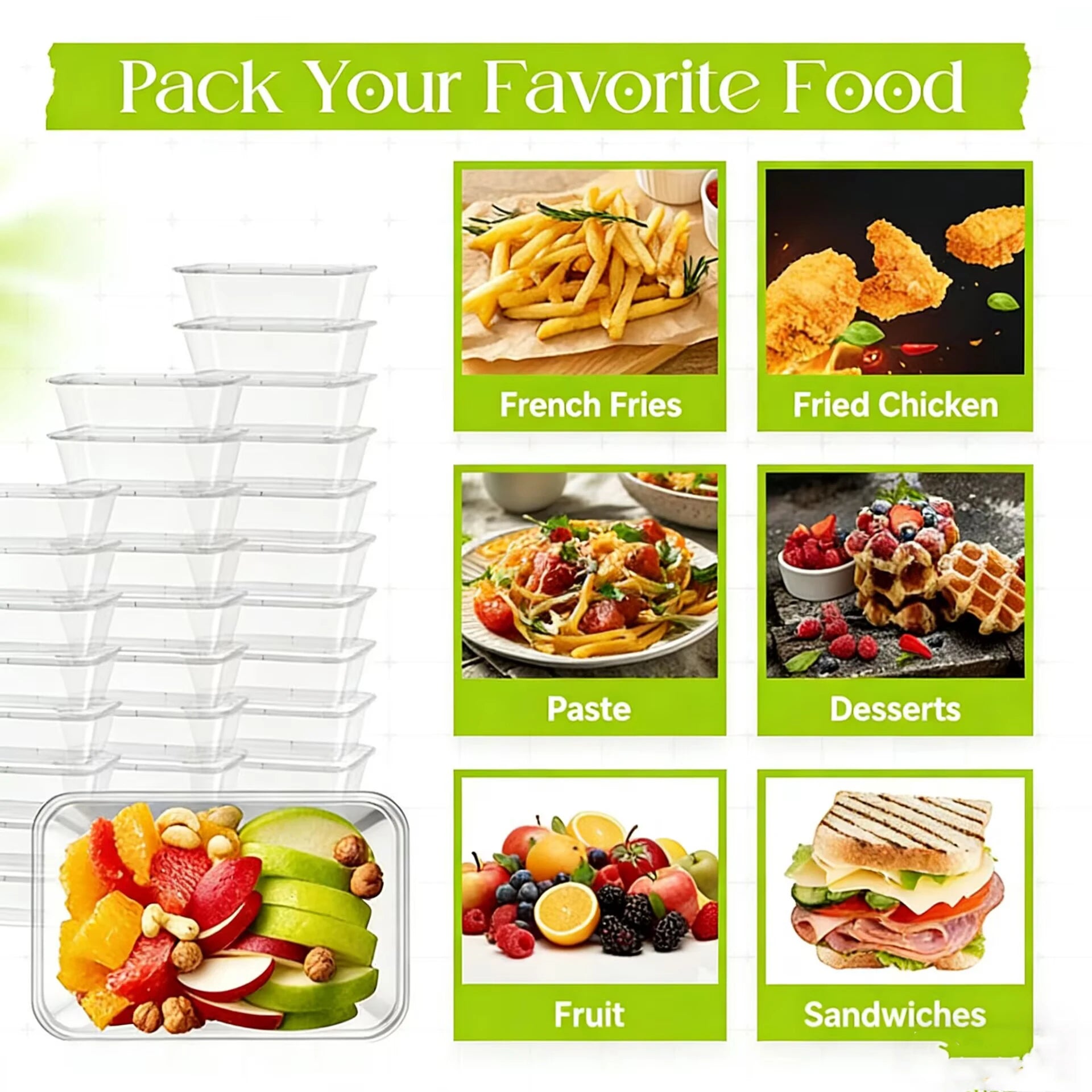 100 pieces of plastic lunch boxes with lids, 1000ml transparent disposable lunch containers, stackable food storage
