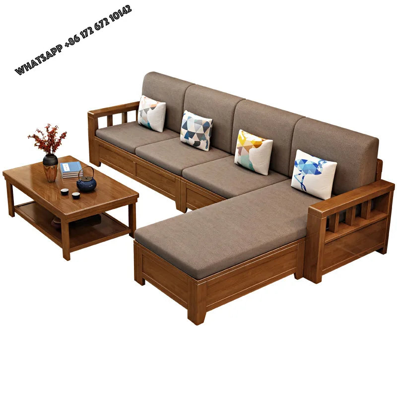 Solid wood sofa combination modern simple small apartment e****mical fabric sofa new Chinese living room storage wooden sofa