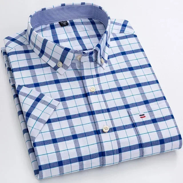 2025 100% Pure Cotton Men's Oxford Short Sleeve Square Collar Soild Plaid Striped Summer Casual Shirts Single Pocket  Shirt