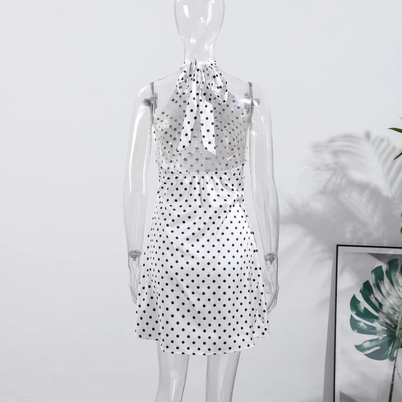 Polka Dots Print Halter Lace-up Dress Women's Sexy Backless Sleeveless Mini Dresses 2026 Spring New Female Fashion Street Robes