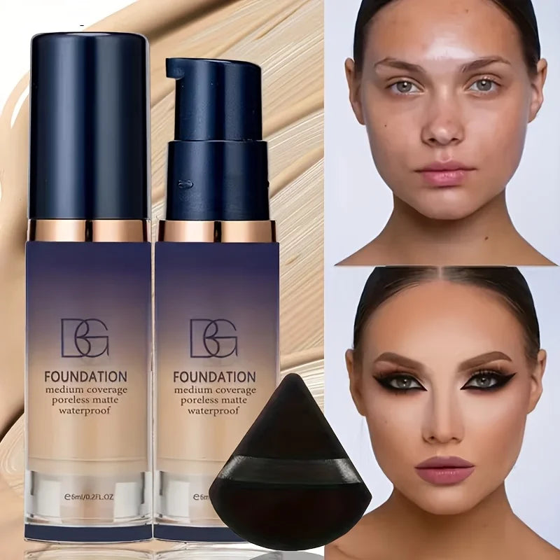 2pcs Face Makeup Set, Includes a Bottle of All in One Foundation and a Black Triangular Powder Puff