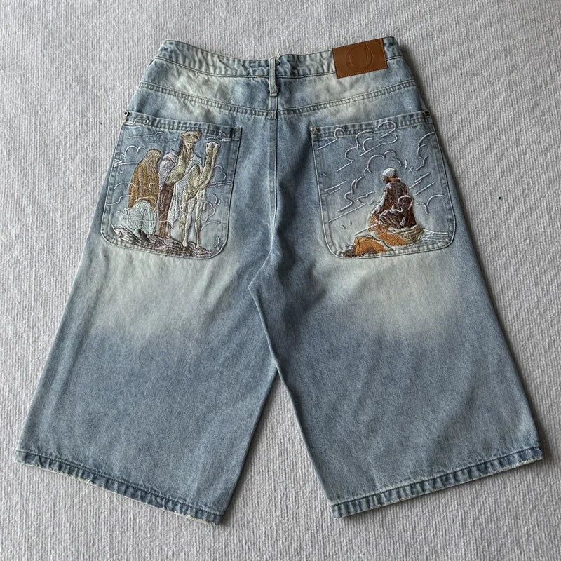 New High Quality American Retro Derchutze Denim Shorts Embroidered Patterns Men's Straight Leg Pants Stock