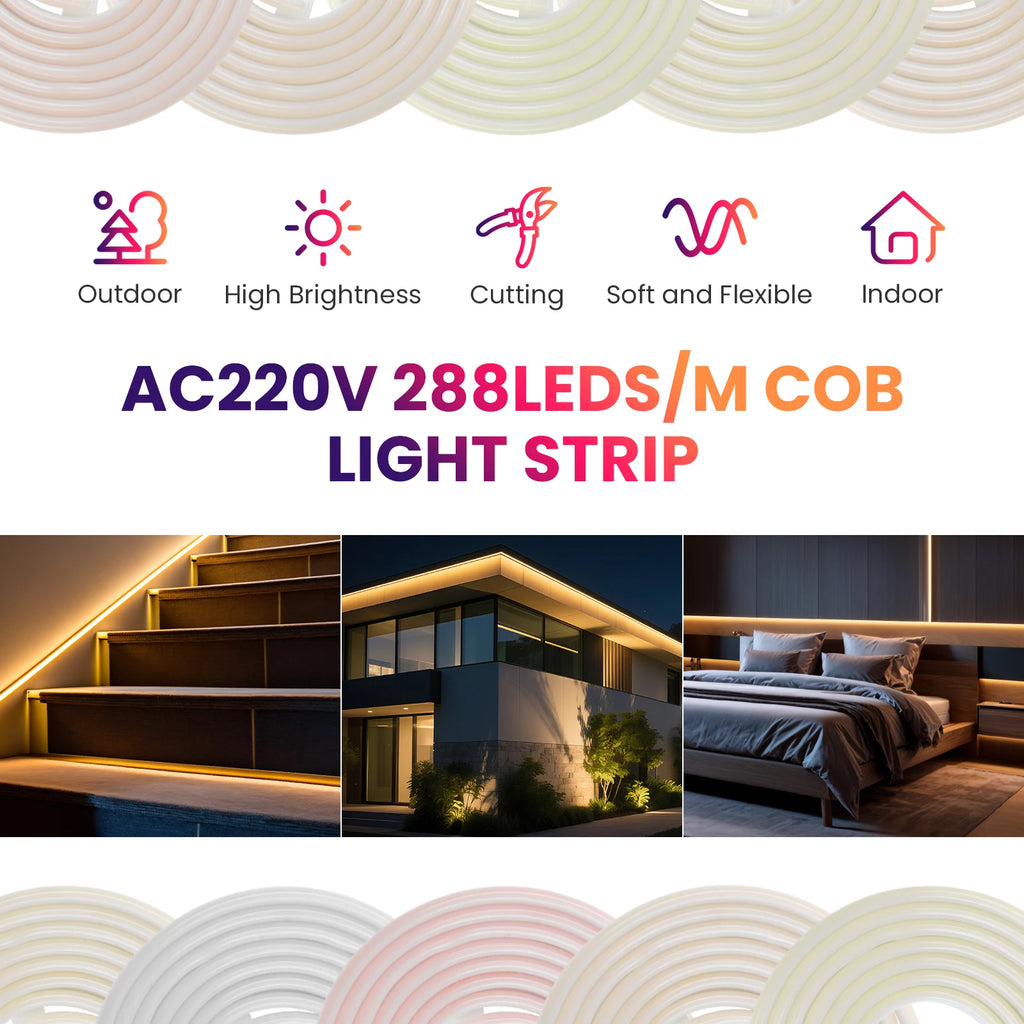 1-20M 220V COB LED Strip 288LEDs/m Outdoor IP65 Waterproof Switch/Dimmable LED Tape Ribbon Neon Lights For Kitchen Room 10 Color