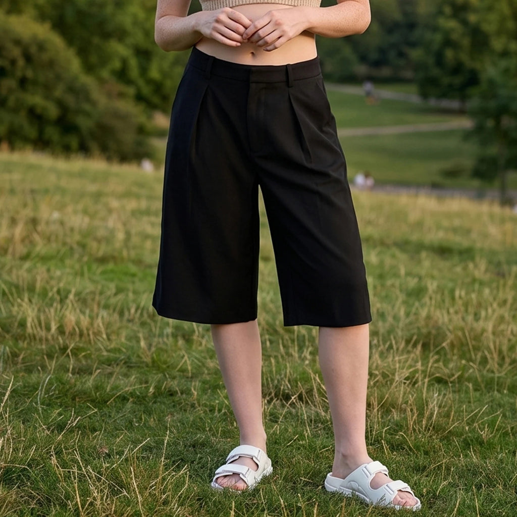 2026 New Women's Summer Casual Solid Color Knee Length Shorts with Pockets Ladies Bermuda Shorts Sexy Low-Rise Wide-Leg Trousers