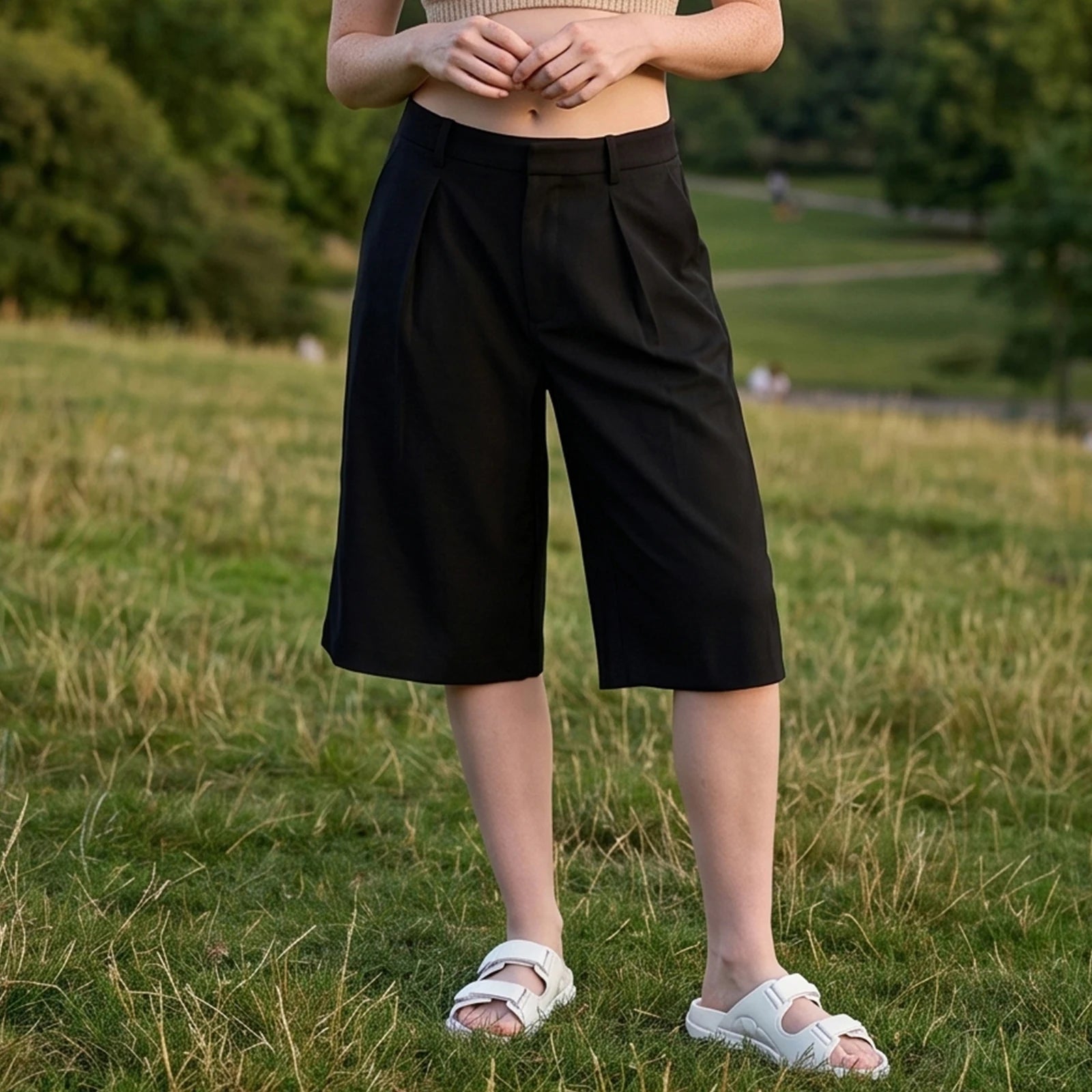 2026 New Women's Summer Casual Solid Color Knee Length Shorts with Pockets Ladies Bermuda Shorts Sexy Low-Rise Wide-Leg Trousers