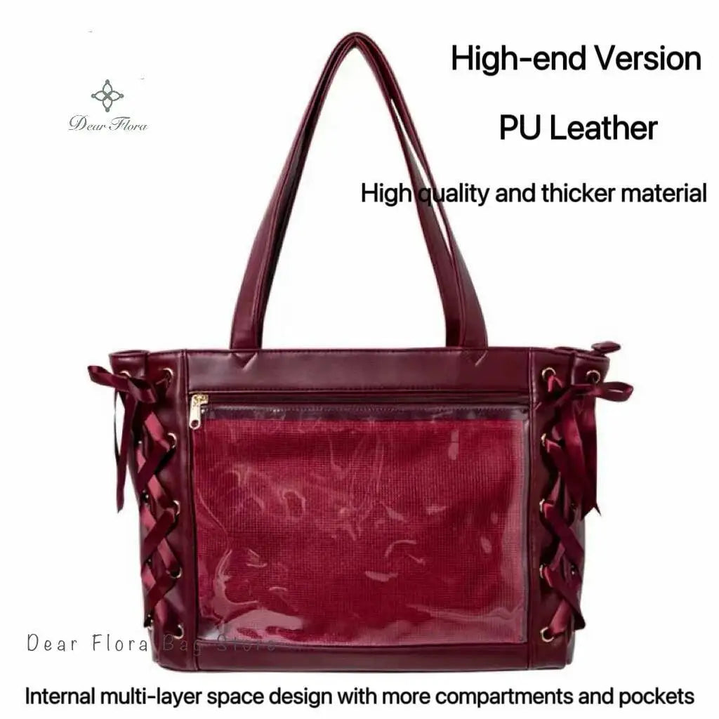 Japanese Sweet Women Ribbon Ita Bag Fashion Large Capacity Tote Bag Aesthetic Shoulder Bag Cute Lolita Girl Transparent Handbags