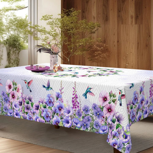 1 Piece, Purple Polyester Tablecloth with Hummingbird and Morning Glory Print + 4 Self-Adhesive Stickers, Pastoral Garden Atmosphere, Embossed Edges, Suitable for Home Kitchen, Living Room Dining Table, Balcony Coffee Table,