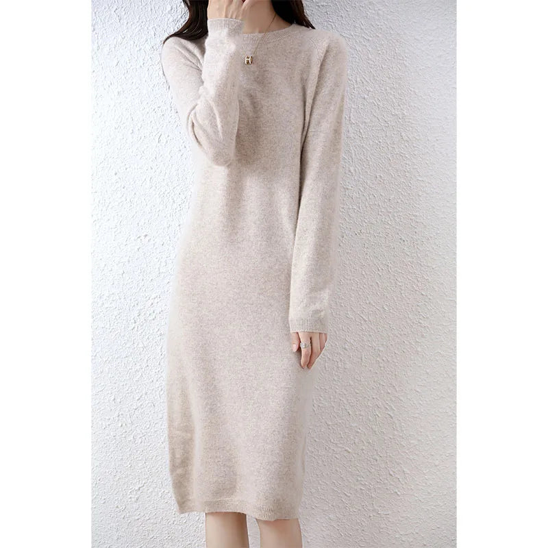 Cashmere Sweater Knitted Dresses 100% Merino Wool Women's Winter Female Elegant Pullovers Dress Autumn Casual Long Sleeve Skirts