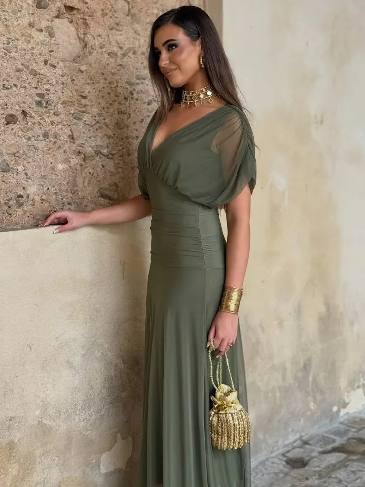 Women Solid Deep V-neck Mesh Long Dress Elegant Puff Short Sleeve Ruched Waist High Vestidos 2026 Summer Lady Casual Street Robe