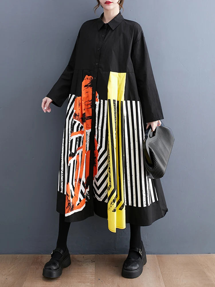 Long Sleeve Patchwork Vintage Print Dresses For Women Loose Casual Midi Dress Robe Fashion Elegant Clothing Spring Autumn 2025