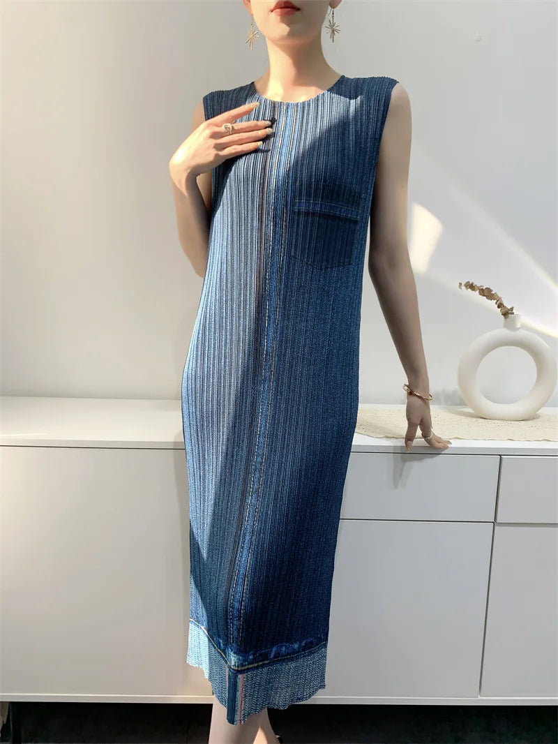 Miyake Pleated Imitation Denim Dress 2025 Summer New Mid-length Slim and Thin Short-sleeved Pleated Skirt