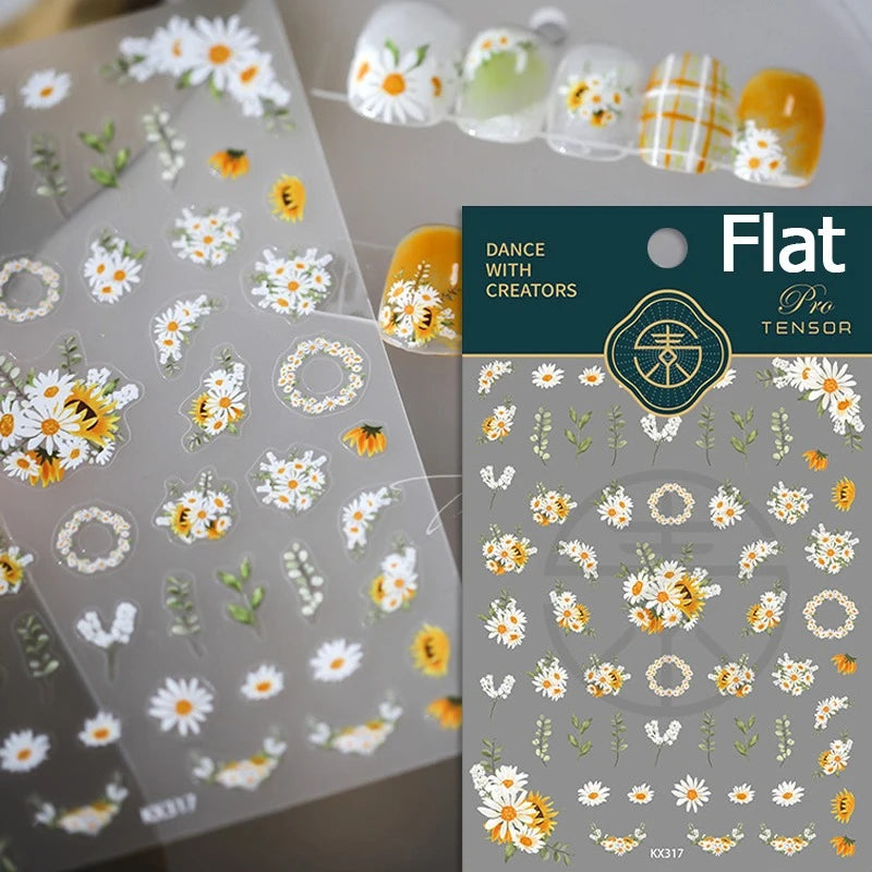 Gold Stamped Frame Oil Painting Style Sunflowers Metal Bead 3D Self Adhesive Nail Art Stickers Autumn Manicure Decals Wholesale