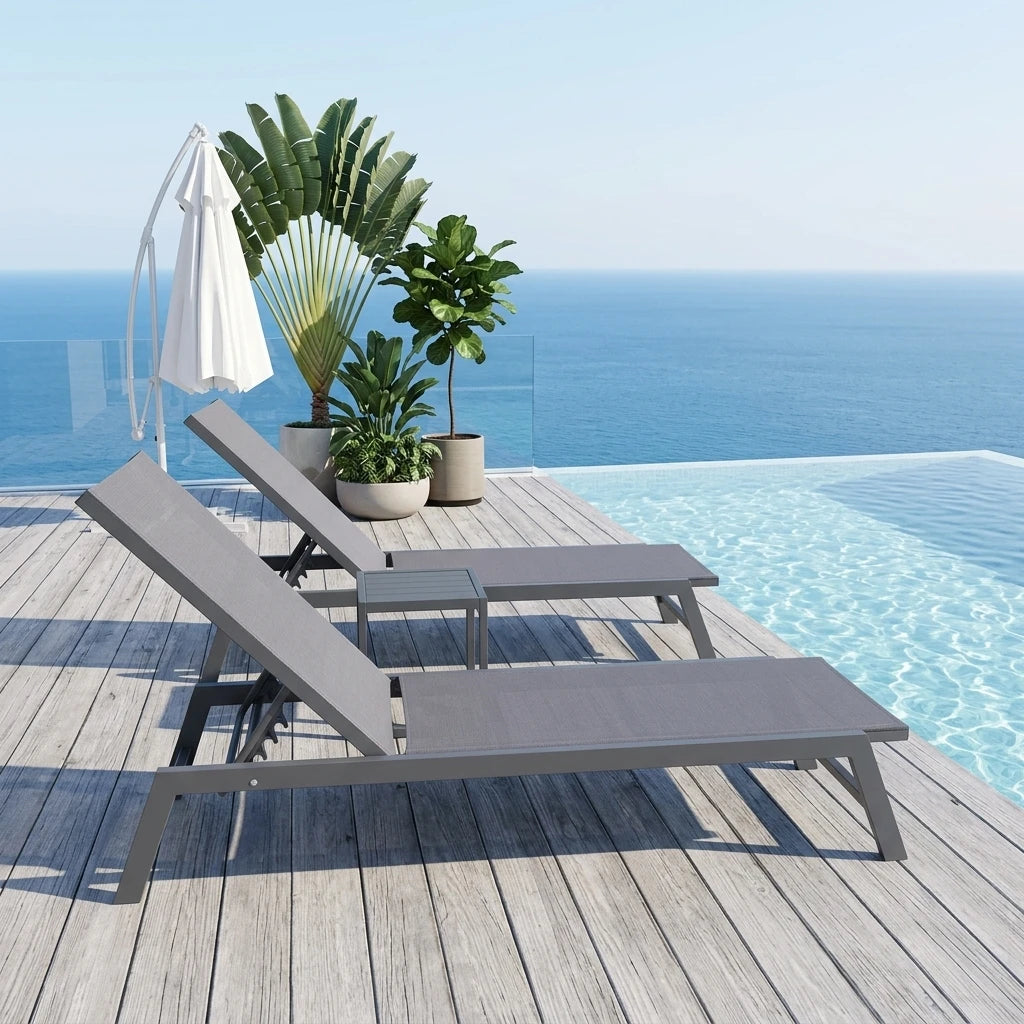 3PCS Aluminum Teslin Sun Lounger Set With Side Table Adjustable Backrest Outdoor Chaise Lounge Pool Garden Beach Hotel Sunbed