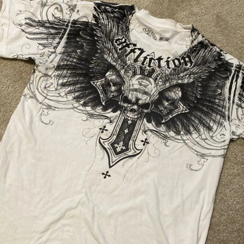 Affliction High Street Y2K Mens T shirt Retro Graphic Print Oversized T Shirt Harajuku Gothic Cotton Short Sleeve Tops New
