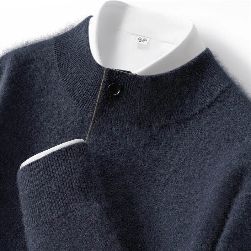 Autumn Winter New Men's Half High Collar Pullover 100% Cashmere Knitted Sweater Casual Business Solid Color Long Sleeve Clothing