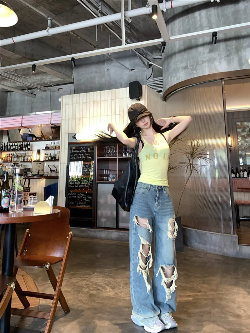 Retro Ripped Jeans for Women Summer High Waisted Loose Straight Leg Pants 2026 New Casual High Street Wide Leg Denim Trousers