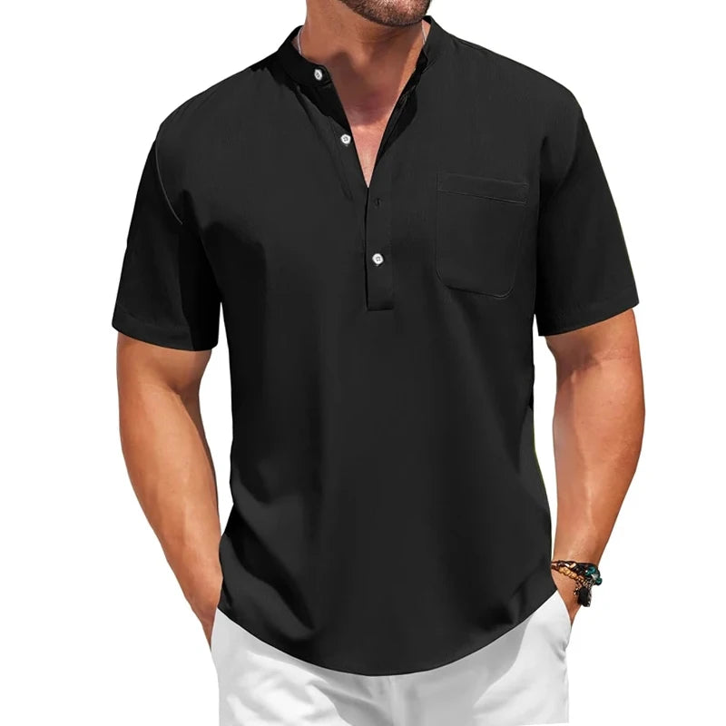 Mens Casual Henley Shirt Summer Short Sleeve Band Collar Cotton Tops Beach Hippie  Tee with Pockets Outdoor Streetwear for Men
