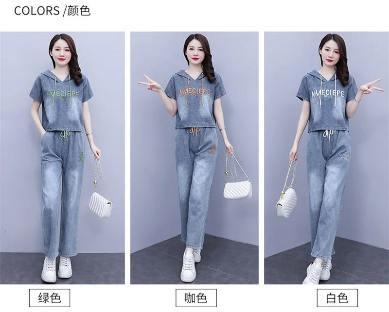 Summer Thin Jeans Set Women Fashion Short Sleeve Hooded Pullover Tops + Elastic Waist Wide Leg Pants 2PCS Female Denim Outfit