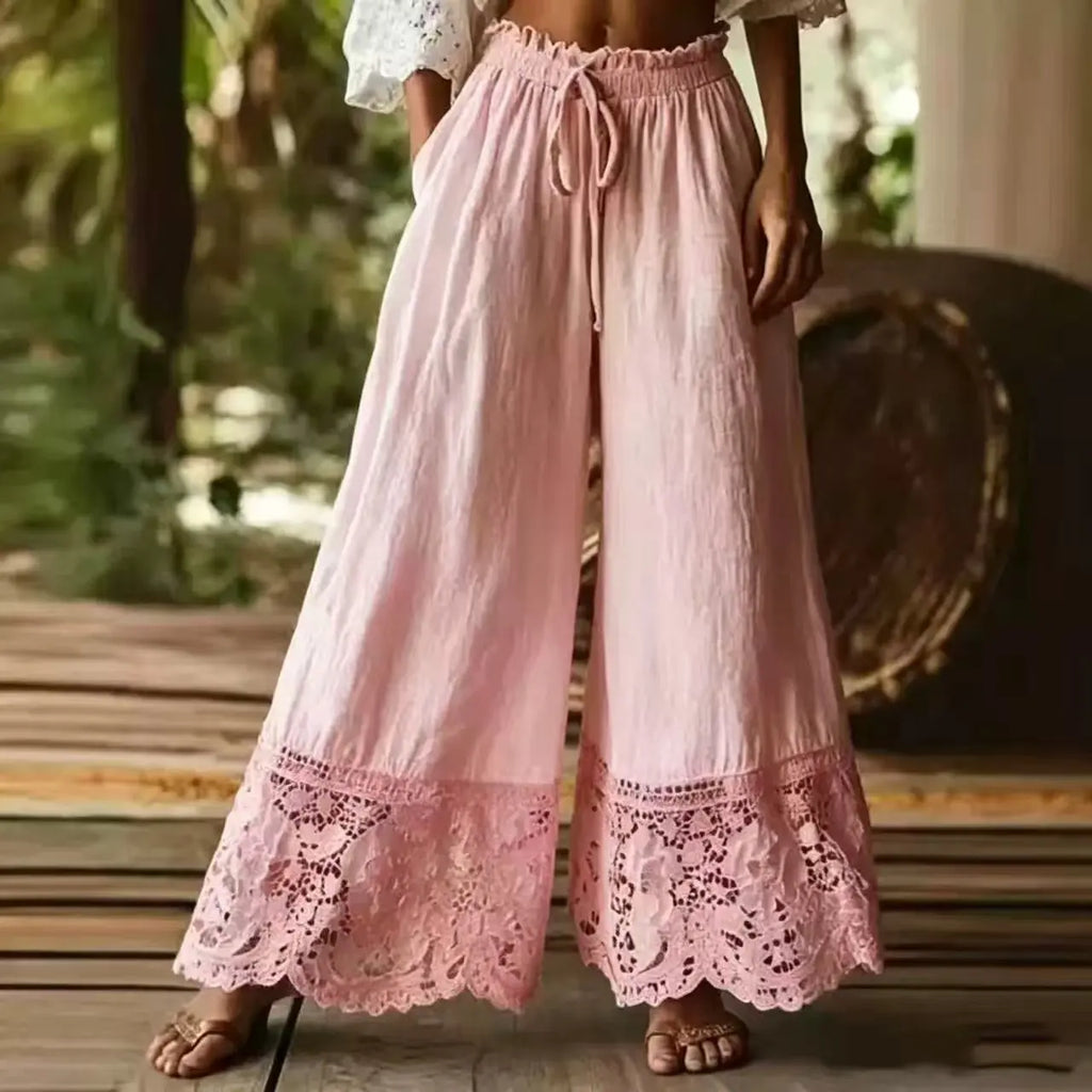 Women's Wide Leg Pants High Waist Drawstring Lace Trim Palazzo Trousers Casual Vintage Loose Elastic Waist Summer Beach Pants