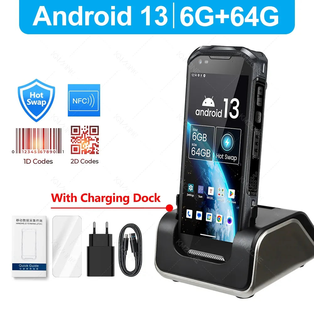 Android 13 Handheld PDA 1D 2D QR Portable Barcode Scanner Reader 6GB+64GB POS Terminal Data Collector with Hot-swap/Cradle