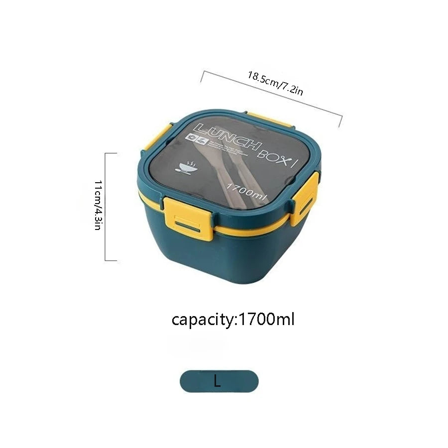Double Stackable Lunch Box, 50 oz. Large Salad Bowl, 4 Compartment Tray, 3 oz. Sauce Container, Built-In Reusable Fork & Spoon