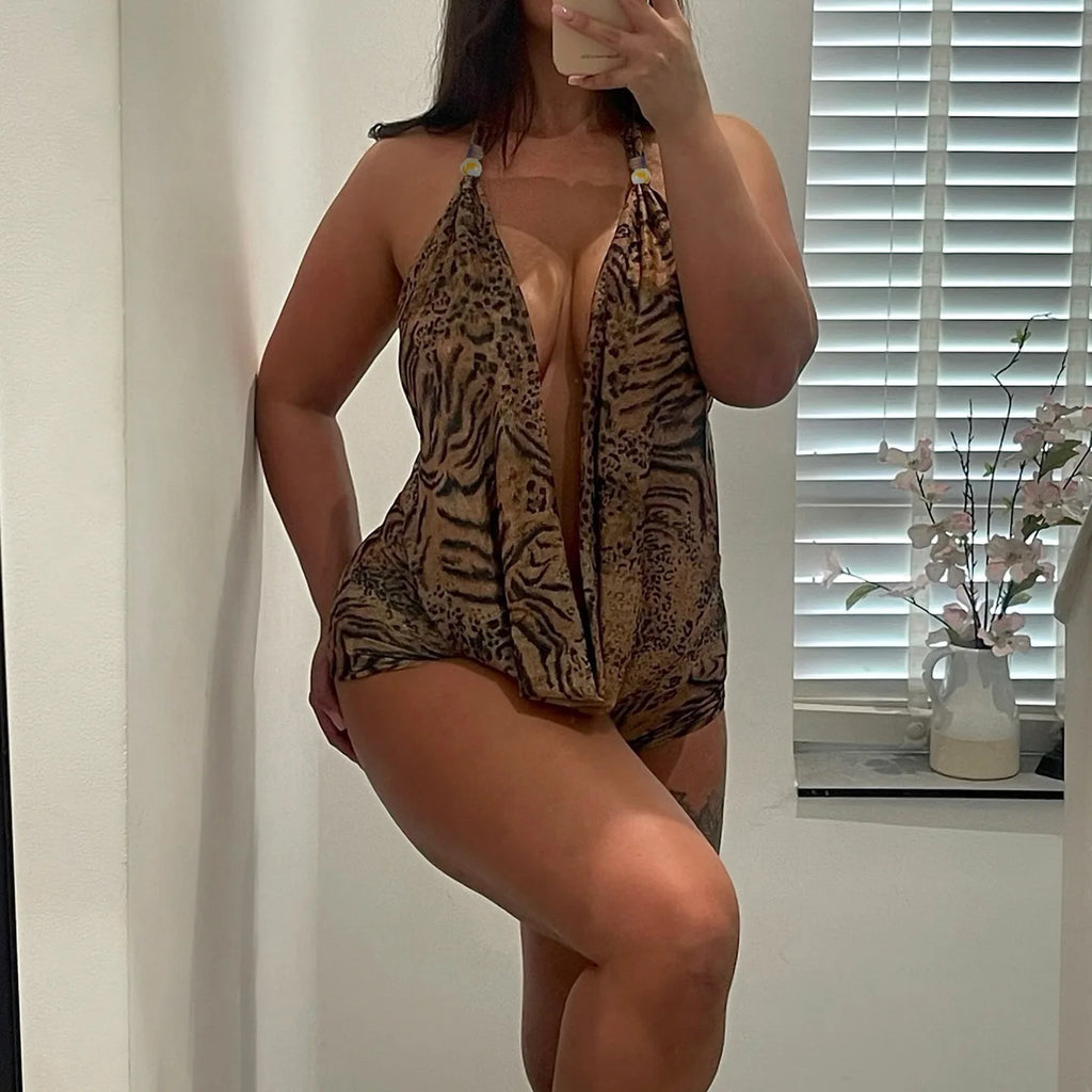 Woman's Leopard Print 2 Piece Set Outfit Halter Deep V-neck Backless Halter Top & Low-Rise Shorts Sexy 2pcs Summer Clothes 2026