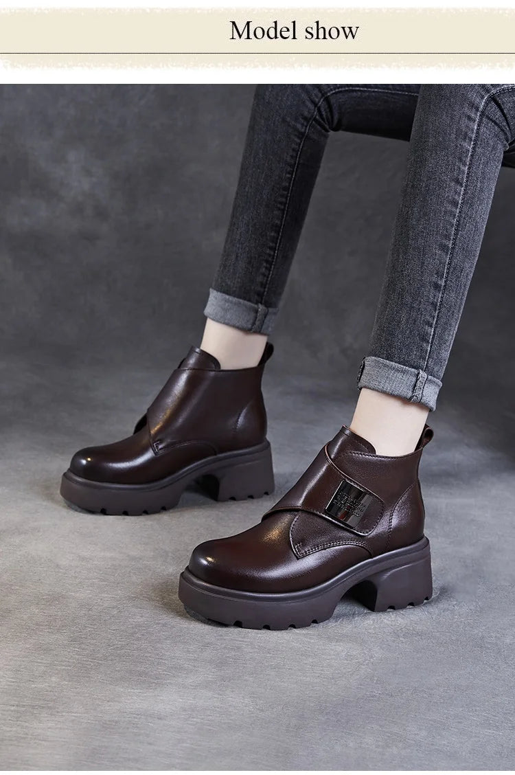 DRKANOL Wide Head Design Women Platform Boots Autumn Winter Warm Thick High Heel Hool And Loop Metal Genuine Leather Ankle Boots