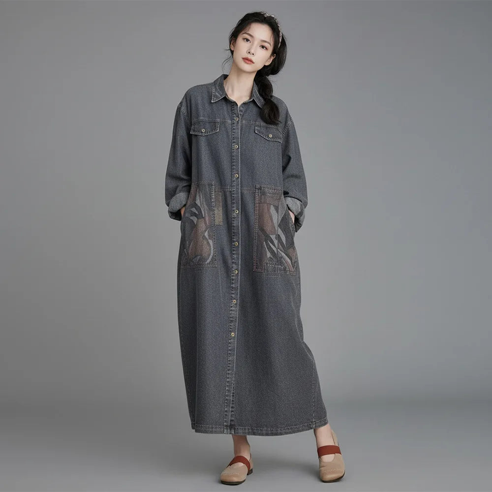 Johnature Women Vintage Denim Cotton Dress 2026 Spring New Turn-down Collar Long Sleeve Button Patchwork Pockets A-Line Dress