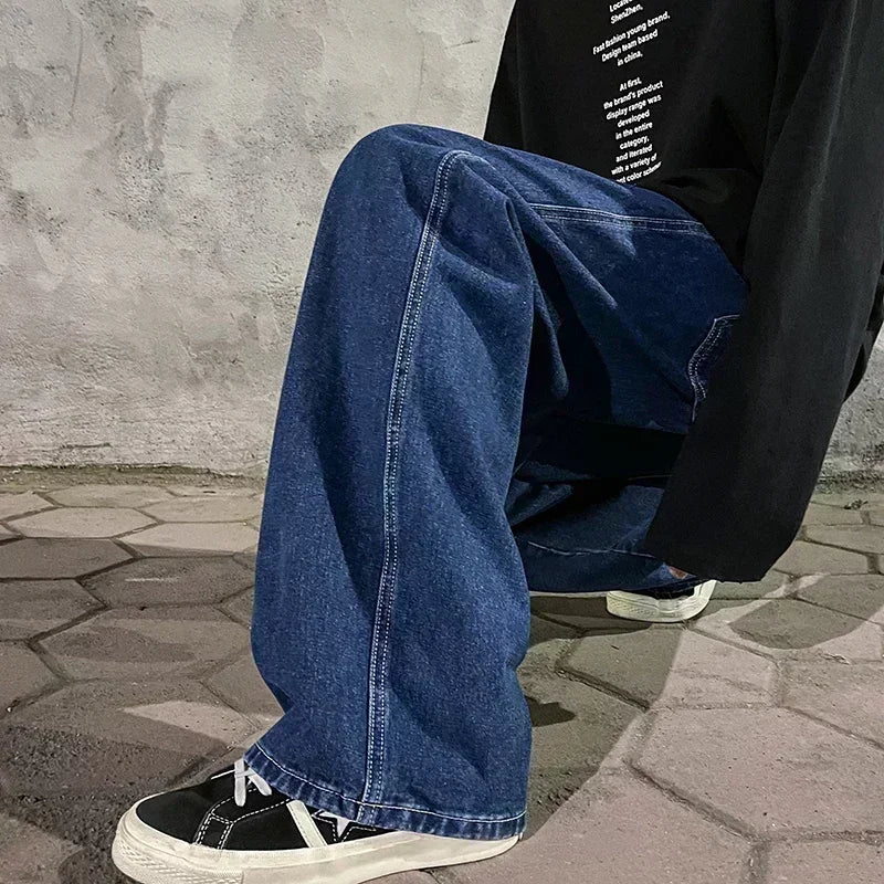 Korean Style Streetwear New Fashion Baggy Casual Men Jeans High Street Harajuku  Denim Trousers Men Brand pants Black grey Blue