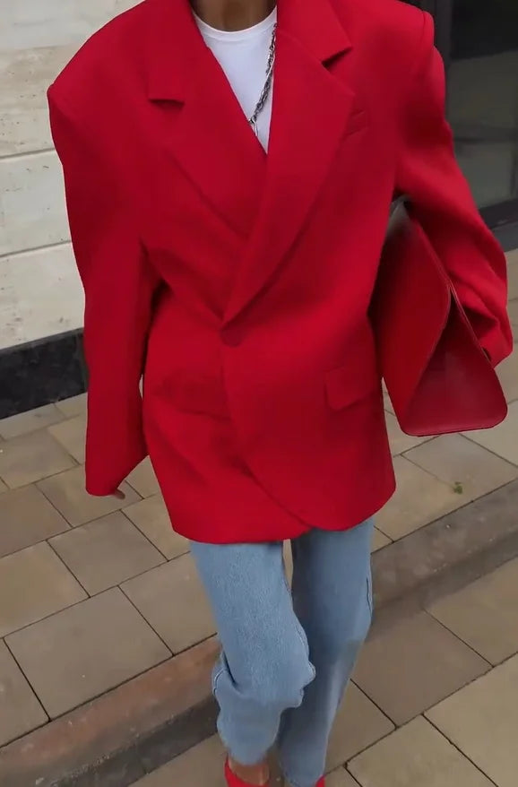 Women Red Fashion Blazer Jacket Lapel Collar Single Button Long Sleeve Loose Casual Coats Oversized Winter Autumn Streetwears