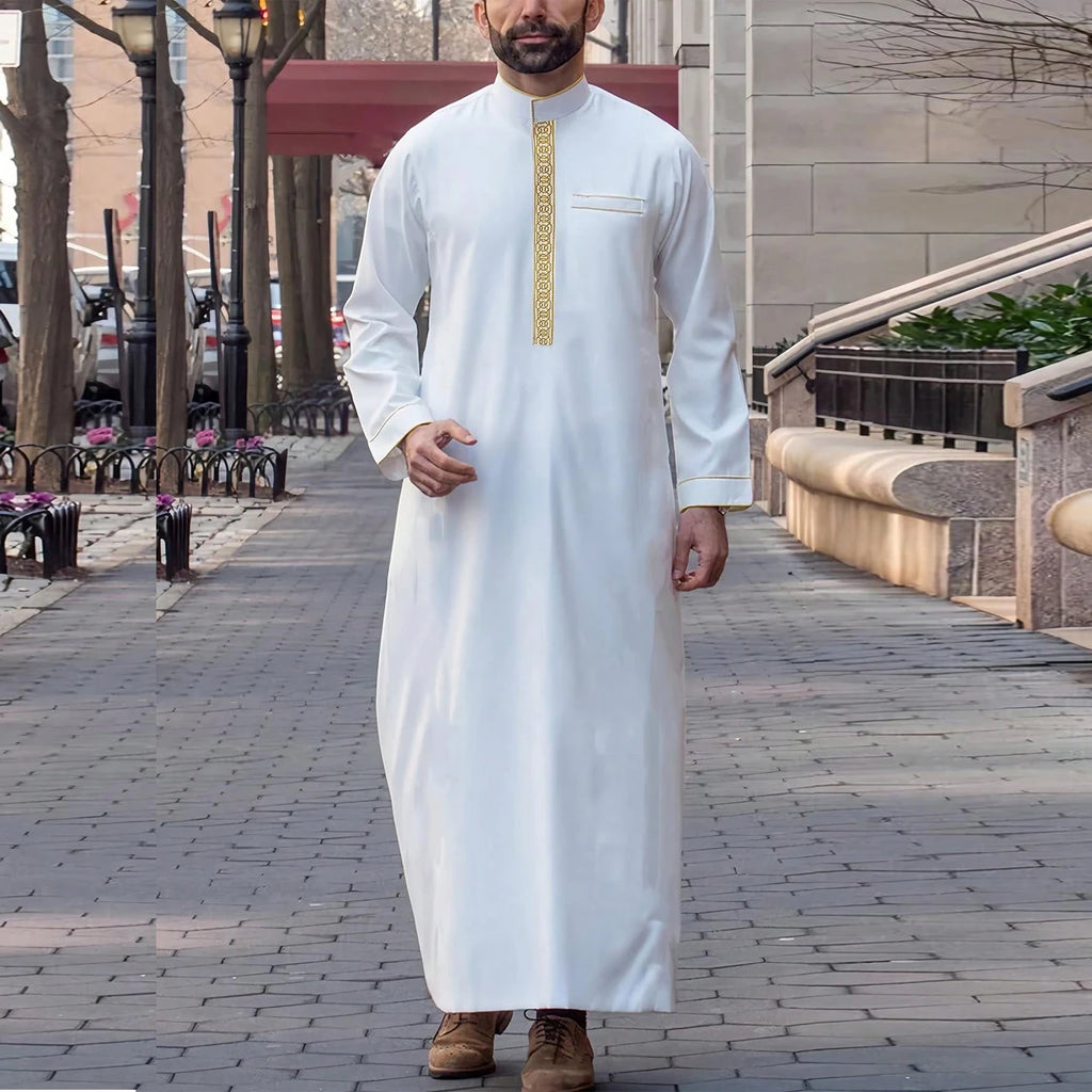 Arab Muslim Men's Robe  Ethnic Style Embroidered Moroccan Style Casual Traditional Islamic Thobe Long Dress Prayer Gown