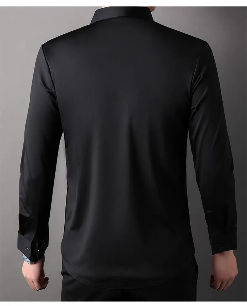 High Elastic Seamless Shirts Men Long Sleeve Muscle Sports Shirt European Size No Ironing Business Professional Workwear Causal