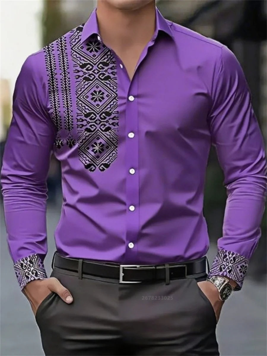 Men's shirt 3D printing retro ethnic style long-sleeved casual shirt high quality fashion lapel versatile top xs-6XL size