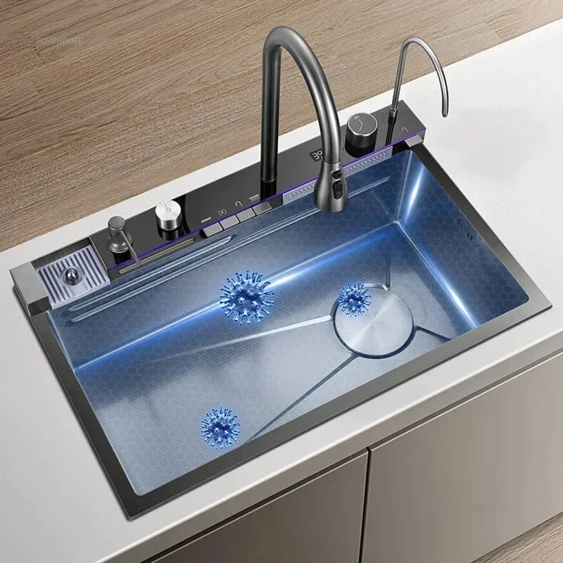 304 Stainless Steel Kitchen Sinks Large Single Bowl Nano Embossed Wash Basin Digital Display Modern Home Station