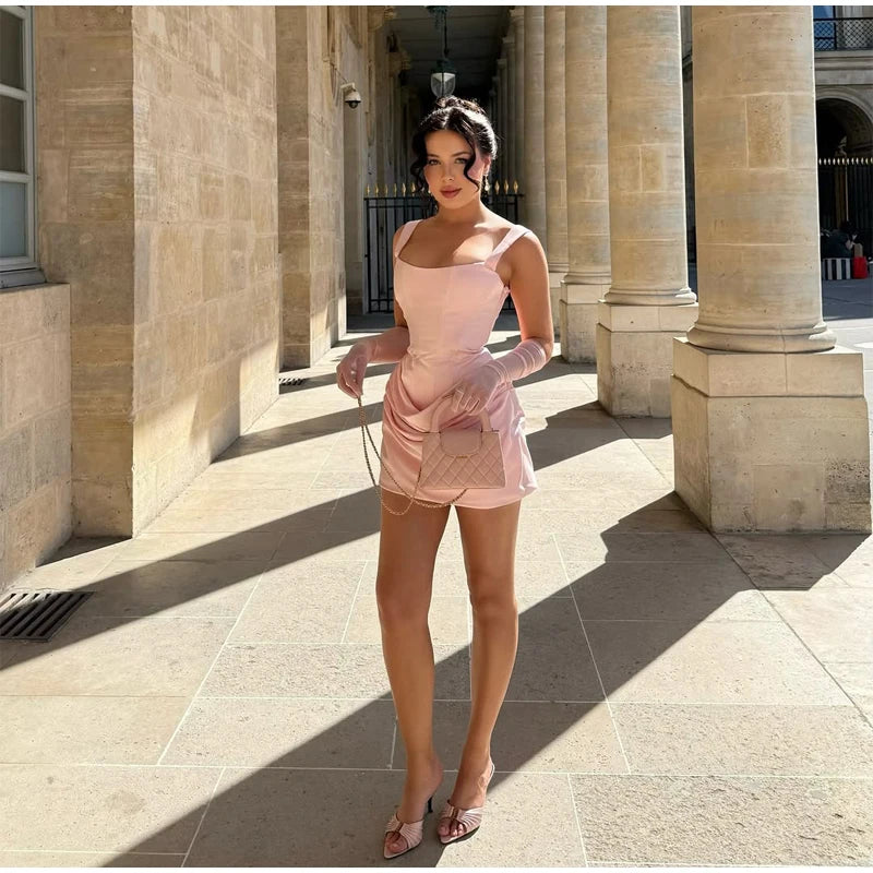 Women Sexy Square-neck Halter Mini Dress 2025 Pleated Sleeveless Backless High Waist Bodycon Dresses New Summer Lady Party Gowns