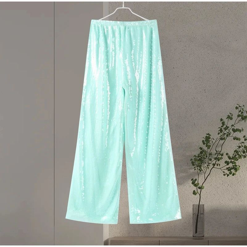 Street Sequin Loose Lace Up Pants Women Elastic Waist Wide Leg Trousers Female 2026 Spring Summer Lady Shiny Party Club Clothes