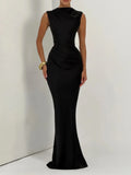 Women Fashion Solid Pleated Halter Dress Waist-cinching Sleeveless Backless Split Maxi Dresses 2026 Sexy Summer Lady Party Gowns
