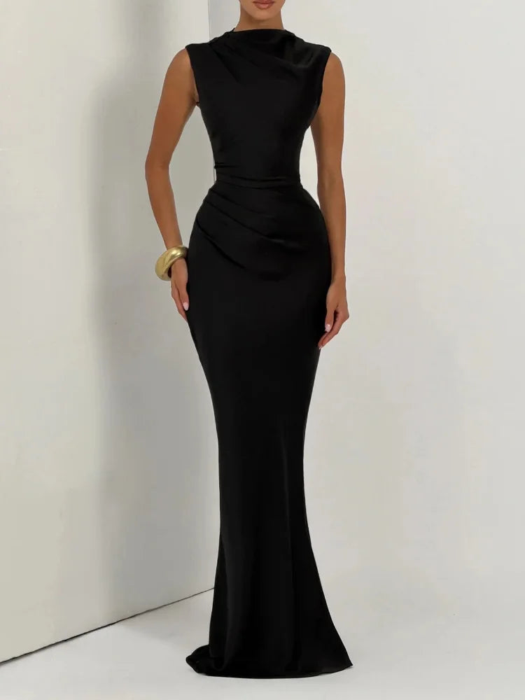 Women Fashion Solid Pleated Halter Dress Waist-cinching Sleeveless Backless Split Maxi Dresses 2026 Sexy Summer Lady Party Gowns