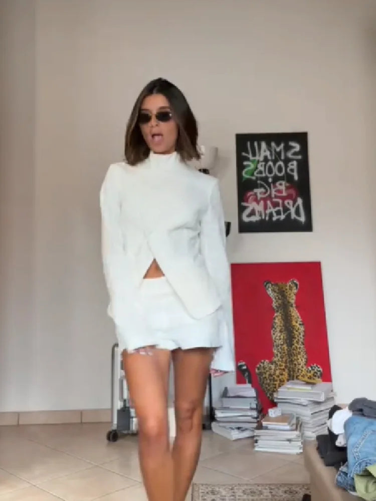 2026 New Women's 2 Piece Set High Neck Long Sleeve Twisted Cut Out Top + Shorts Suit Elegant Casual Office Streetwear Outfit