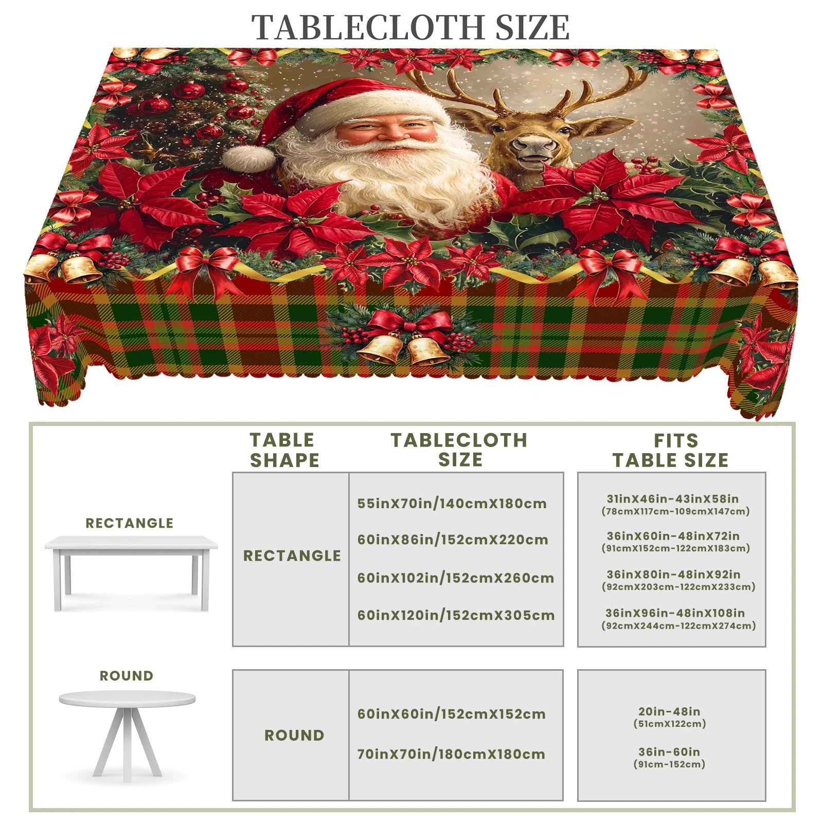 1Pc Merry Christmas Theme Printed Tablecloth, Retro Country Farmhouse Style, Santa, Plaid Pattern Design, for Christmas, New Year Party, Party Decoration, Kitchen Accessories, Room and Outdoor Decoration, Gift for Friends