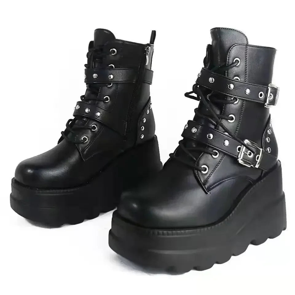 New Women's Pu Leather Ankle Boots Women Autumn Winter Round Toe Lace Up Shoes Woman Motorcycle Platform Botas Gothic Shoes