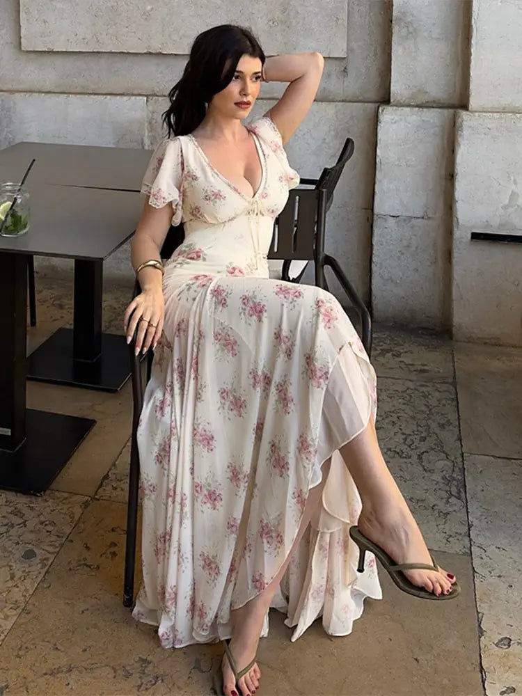 Fashion Women's Dress V-neck Short Sleeve Slim Female Print Floral Dresses 2026 Summer Sexy Elegant Holiday New Party Lady Robe