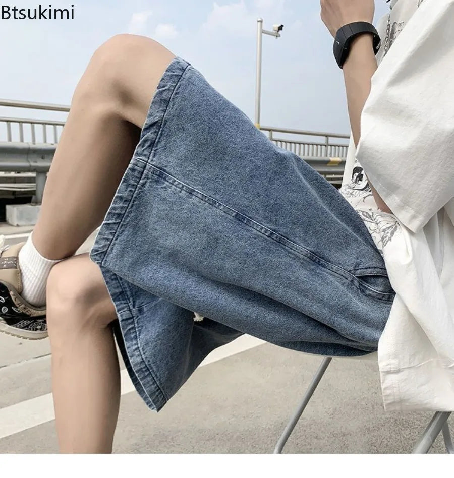 New Men's Fashion Vintage Jeans Summer Loose Casual Male Wide Leg Knee Length Shorts Washed Short Denim Pants Male Streetwear